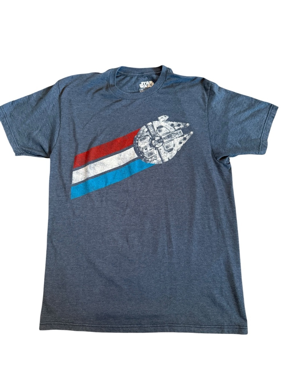 Star Wars Men’s Blue Graphic Tee with Red White and Blue Stripe Size Medium